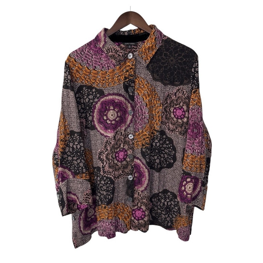 John Mark blouse women's 2X floral swirls disco mandala boho festival art Fall